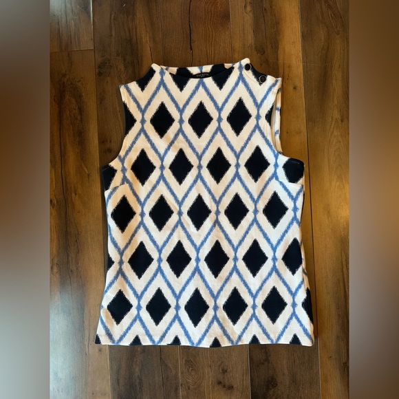 Talbots Petite SP Diamond Print Sleeveless Knit Top Blue White Classic Chic - Picture 2 of 7